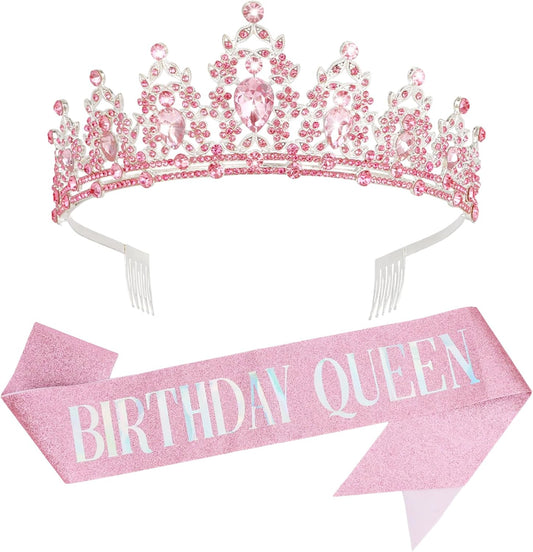 CAVETEE Pink Birthday Crown for Women， Birthday Queen Crown and Sash Pink Party Decorations for Women