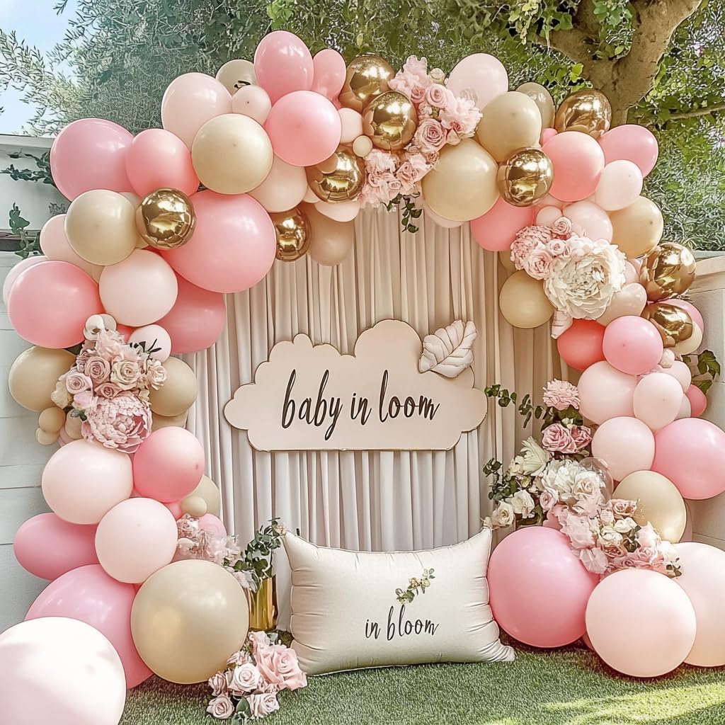 Pink White Gold Balloon Garland Double Stuffed Light Baby Pink Balloons Sand White Gold Balloon Arch Kit for Baby Bridal Shower Graduation Wedding Engagement Coquette Birthday Party Decorations