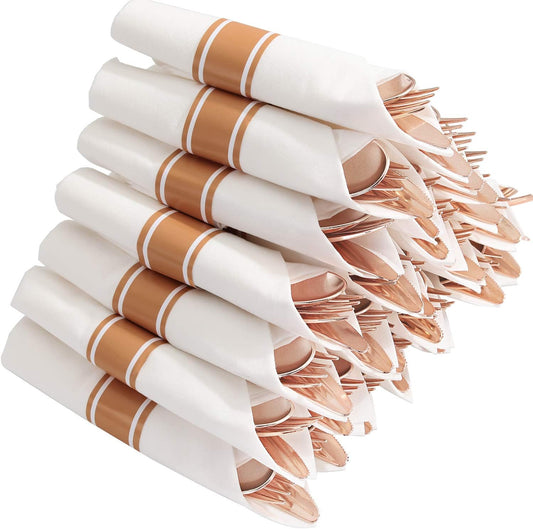 Supernal Set of 30packs,Rose Gold Plastic Silverware, Pre Rolled Napkin with Cutlery, Disposable Silverware with Rose Gold Linen Napkin, Wrapped Plastic Silverware Set Suit for Party,Wedding