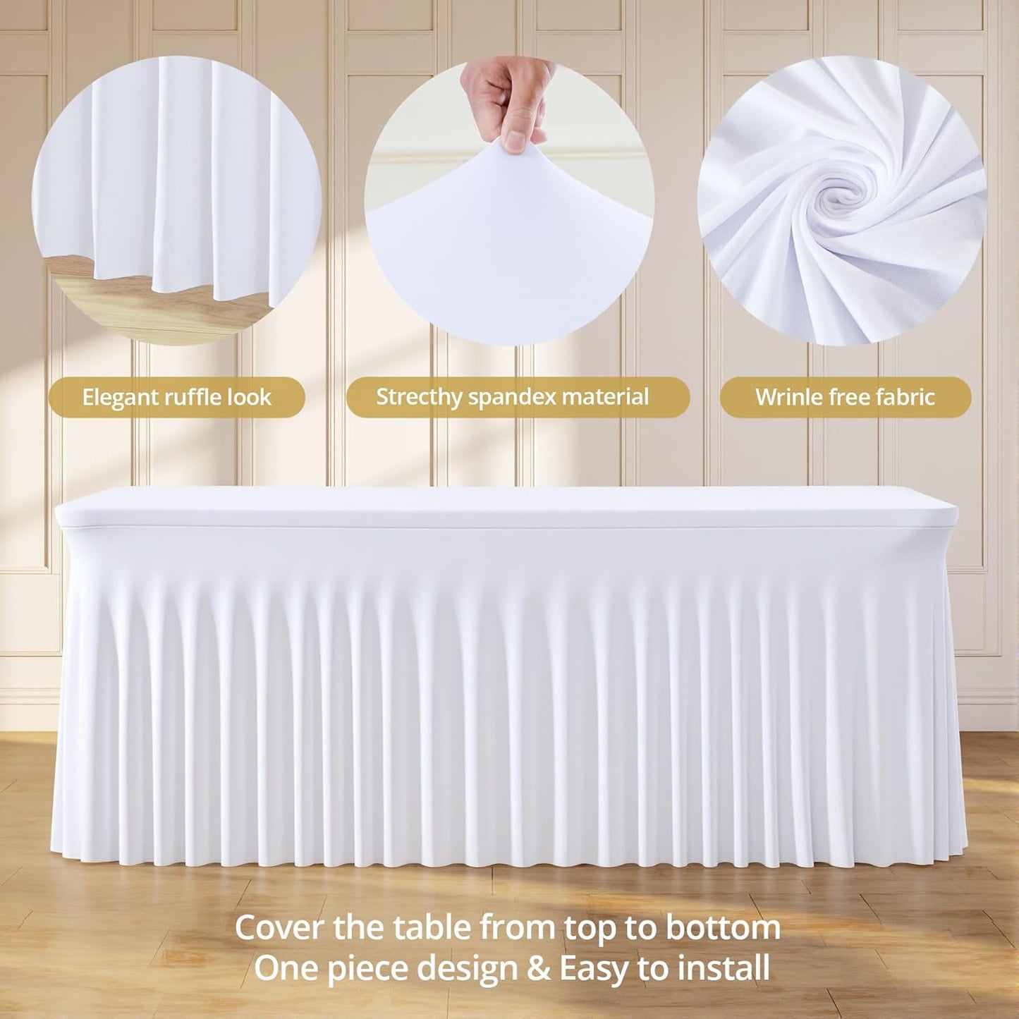 Suppromo 6ft White Spandex Tablecloths for Rectangle Tables Wrinkle Free White Table Cloth Rectangle Stretch Fitted Table Cover with Skirt for Wedding Birthday Party Banquet Baby Shower Buffet Event