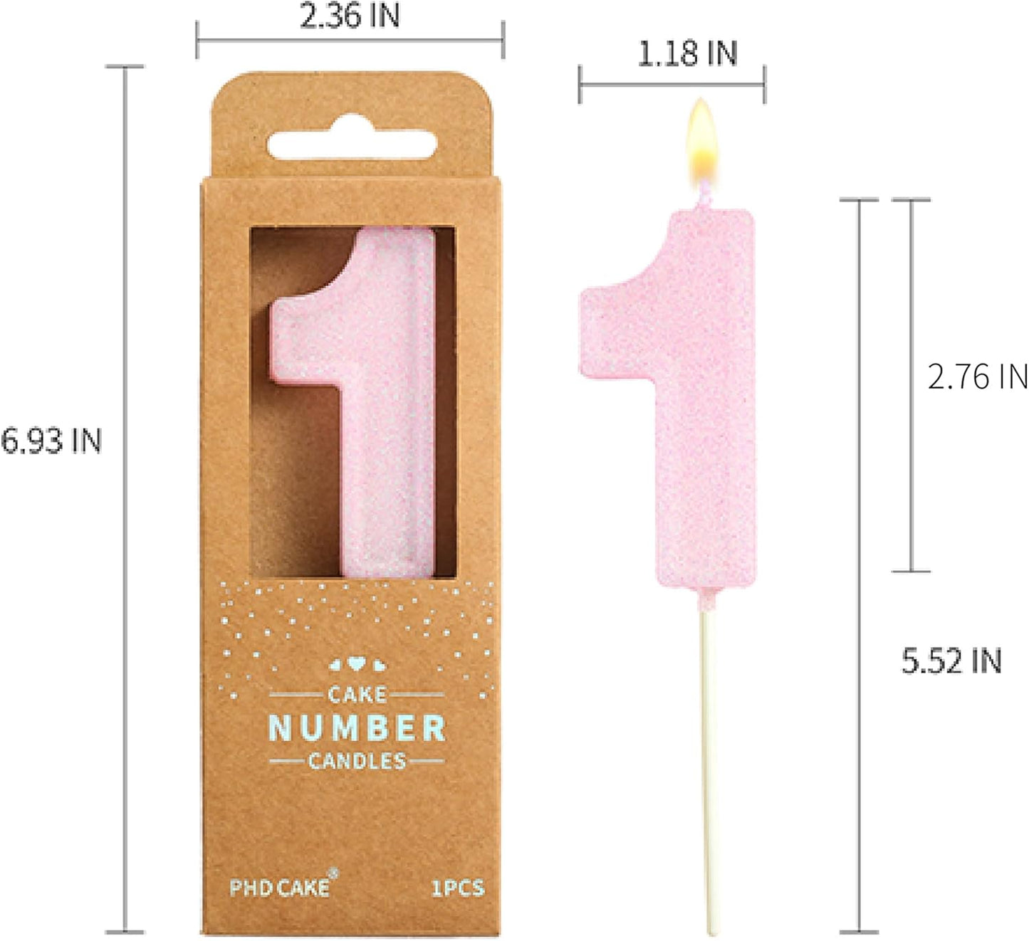 PHD CAKE 2.76 Inch Luxe Pink Glitter 1 Number Birthday Candles, Pink Number Candles, Cake Number Candles, Party Celebration
