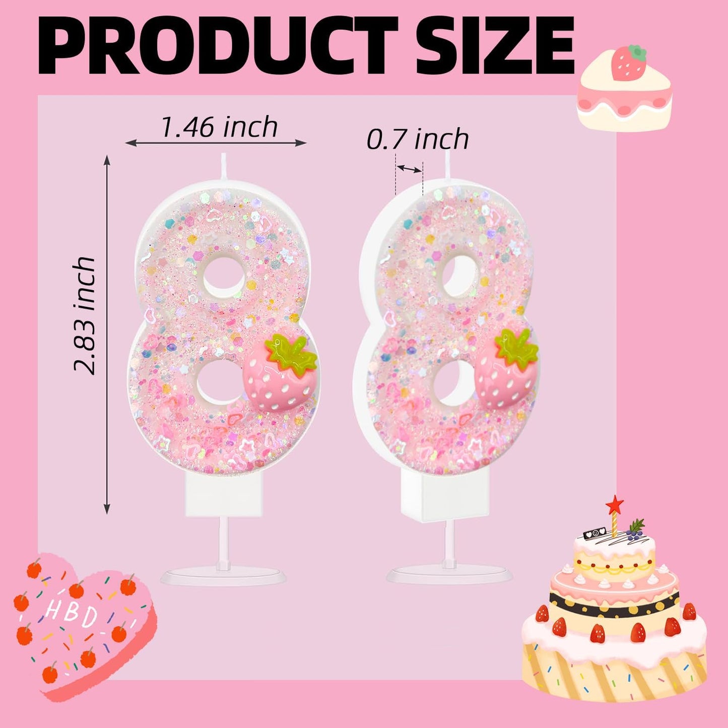 HXOUSE Strawberry Number 8 Birthday Candles - Pink Berry Birthday Candles for Cake, 8 Candle Topper for Anniversary Celebrations Supplies, Strawberry Party Decorations for Girl (No.8)