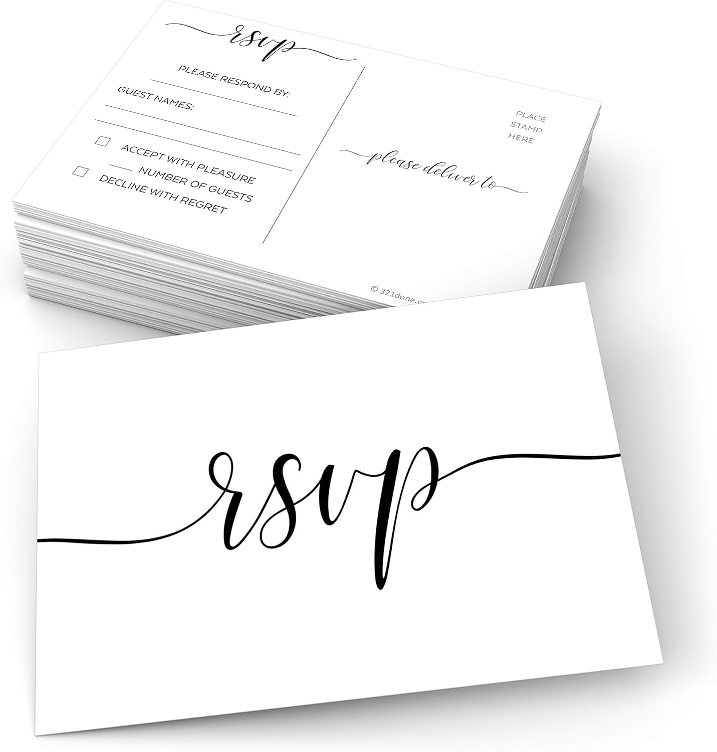 321Done RSVP Postcards 4x6 White (50 Cards) Made in USA, Blank with Mailing Side, Response Cards for Wedding, Bridal Shower, Anniversary Party, Luxury Cardstock, Calligraphy Script Design