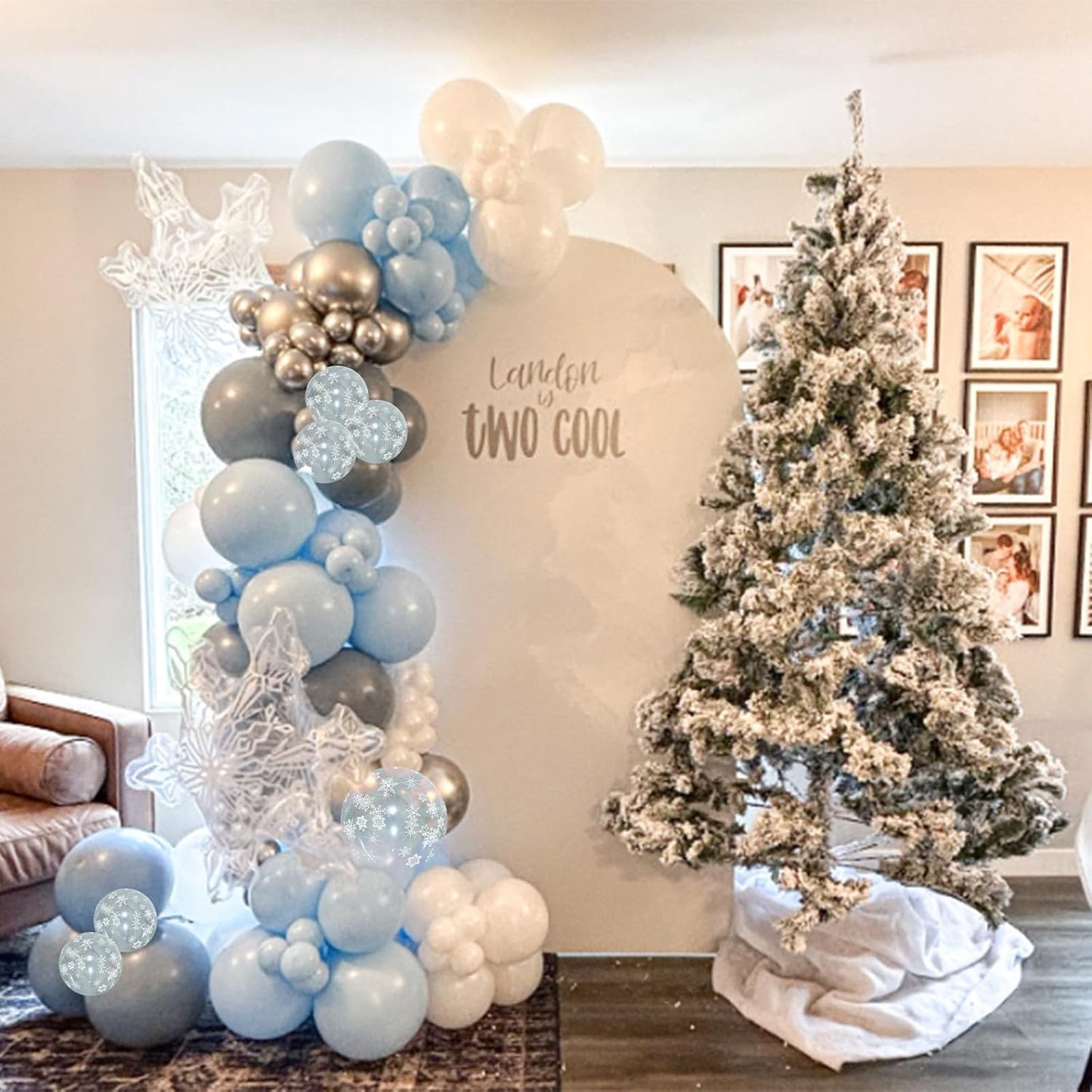 Blue Winter Wonderland Balloons, 60 PCS 12 Inch Snowflake Balloons Dusty Light Baby Blue White and Silver Balloon for Boy Baby Shower Winter Christmas Holiday Birthday Party Decorations