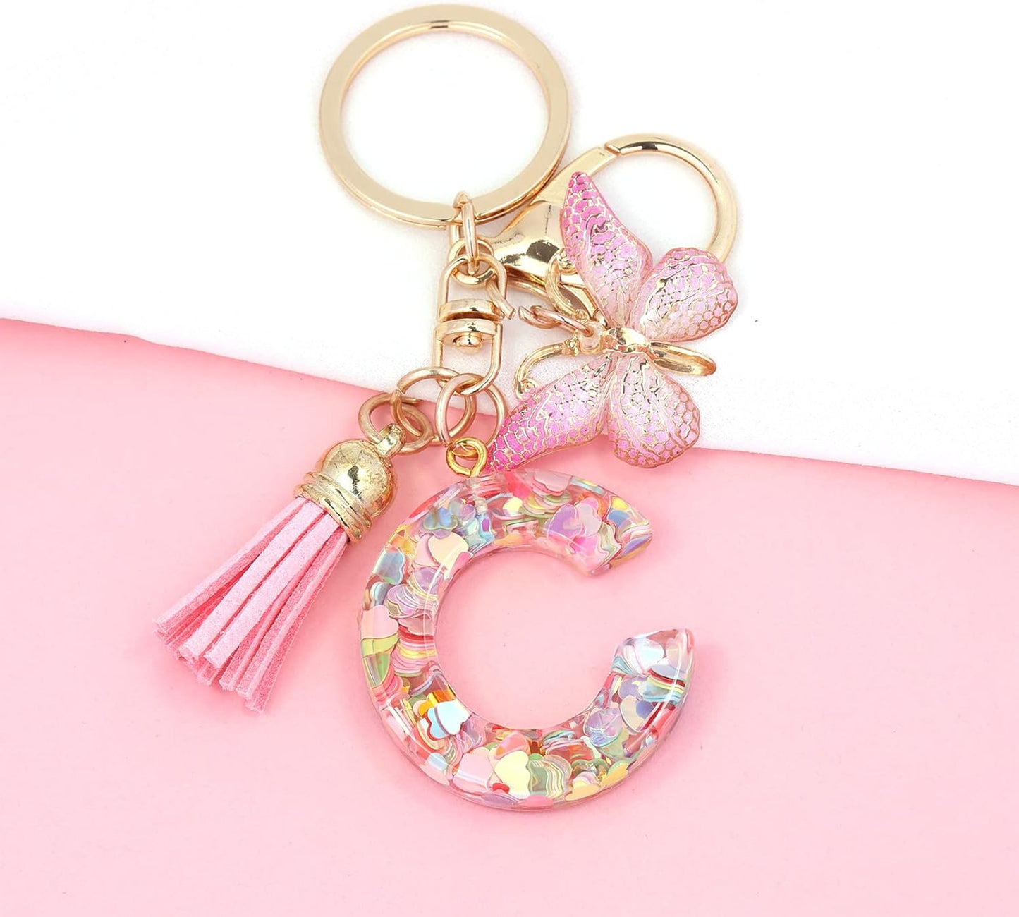 Fashion Alphabet Initial Letter Keychain Tassel Butterfly Pendant Key Ring for Purse Handbags Women Girl