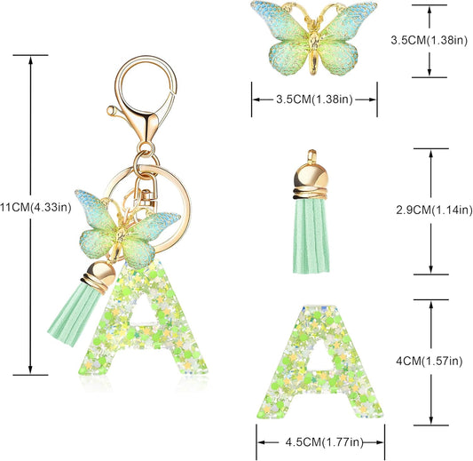 Fashion Alphabet Initial Letter Keychain Tassel Butterfly Pendant Key Ring for Purse Handbags Women Girl