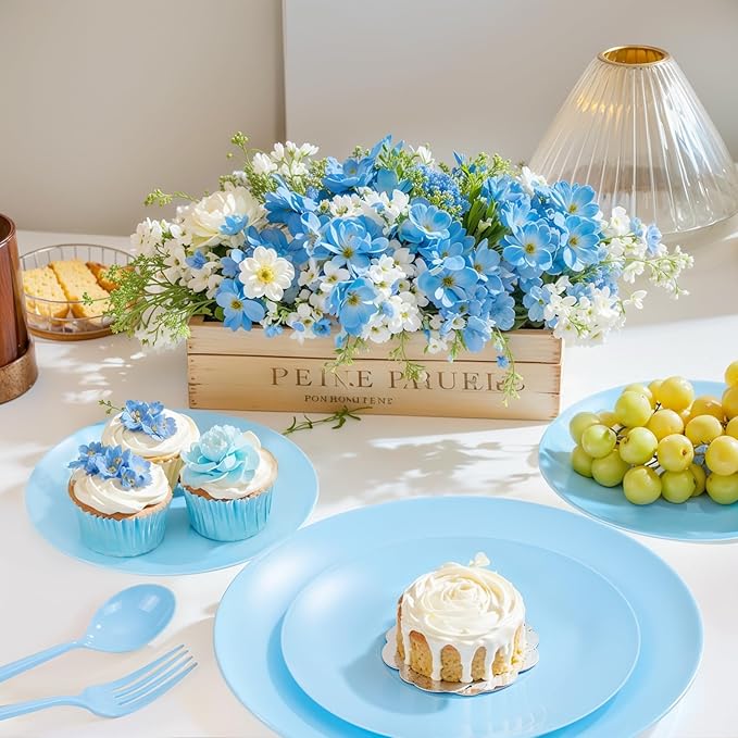 EI 150pcs Blue Plastic Plates Disposable Light Blue Baby Shower Plates Heavy Duty Dinnerware Set Plastic Silverware for Party,Wedding,Easter,Spring Afternoon Tea