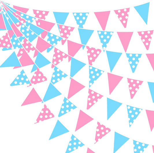 Pinkblume 32Ft Gender Reveal Party Decorations Pink and Blue Circle Dot Pennant Triangle Banner Party Flag Bunting Streamer Garland