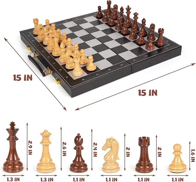 3 in 1 Magnetic Chess Set & Checkers Backgammon Board Game Set, 15" Wooden Folding Chess Board, Tournament Portable Travel Chess Set, Beginner Chess Board Game for Adults & Kids