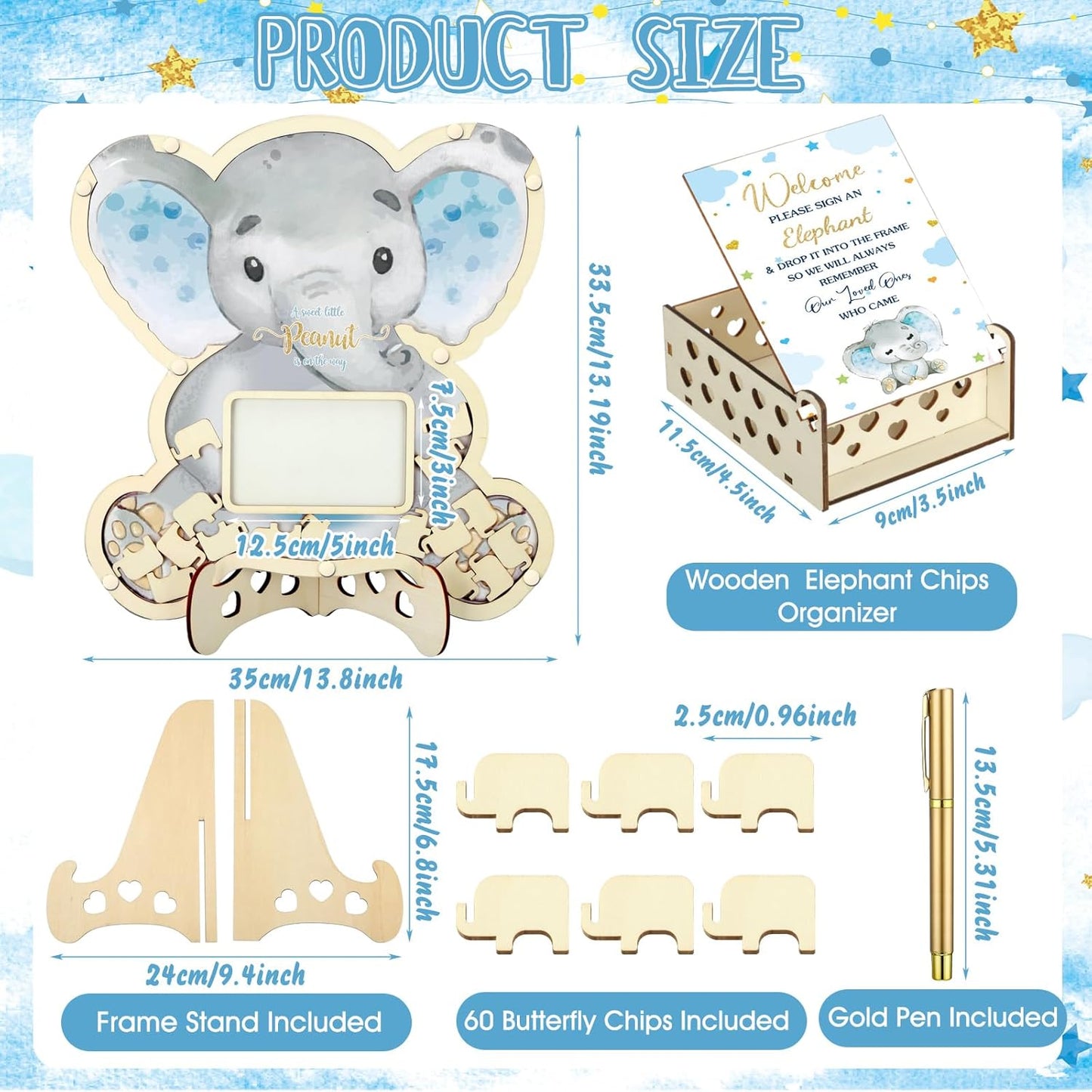 Wenqik 63 Pcs Elephant Baby Shower Guest Book Alternatives Set Baby Shower Decorations with Photo Frame Sonogram Frame Keepsake 60 Wood Slices Guest Book for Birthday
