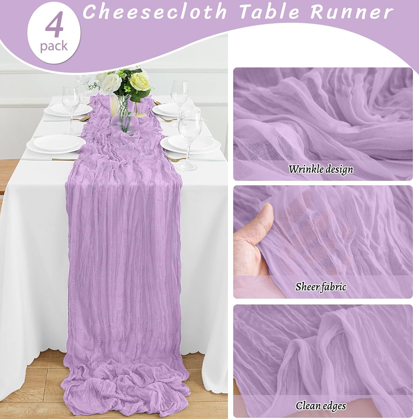 4Pack Lavender Table Runner 10FT Cheesecloth Table Runner 35x120Inch Long Boho Cheese Cloth Table Runners Rustic Gauze Table Runners for Party Wedding Bridal Shower Baby Shower Decorations