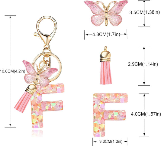 Fashion Alphabet Initial Letter Keychain Tassel Butterfly Pendant Key Ring for Purse Handbags Women Girl