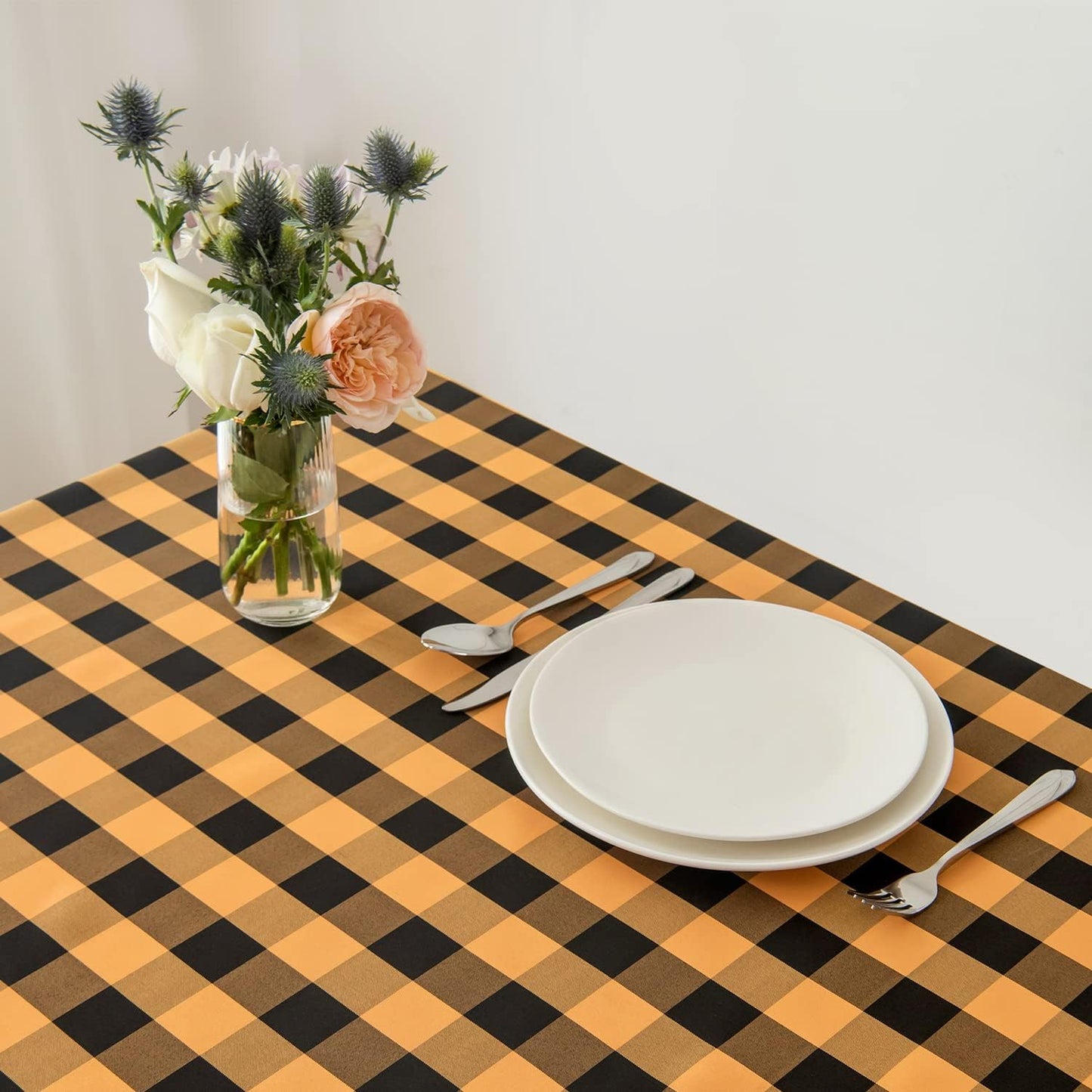 maxmill Checkered Square Tablecloth Stain Resistant Waterproof and Wrinkle Resistant Washable Heavy Weight Soft Table Cloth Gingham for Dining Room and Outdoor Use, 52 x 52 Inch, Black and Orange