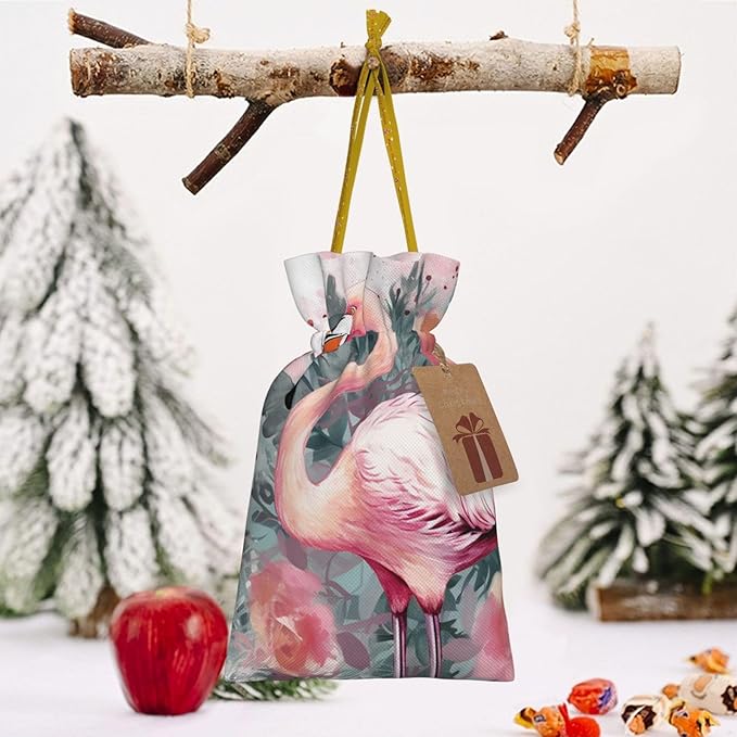 QSMJKLD Drawstring Christmas Gift Bags Vintage Boho Flamingo Florals Gift Bag Burlap Xmas Candy Pouch Reusable Christmas Wrapping Bag Xmas Party Favor Bags for Holiday Wrapping Presents Small