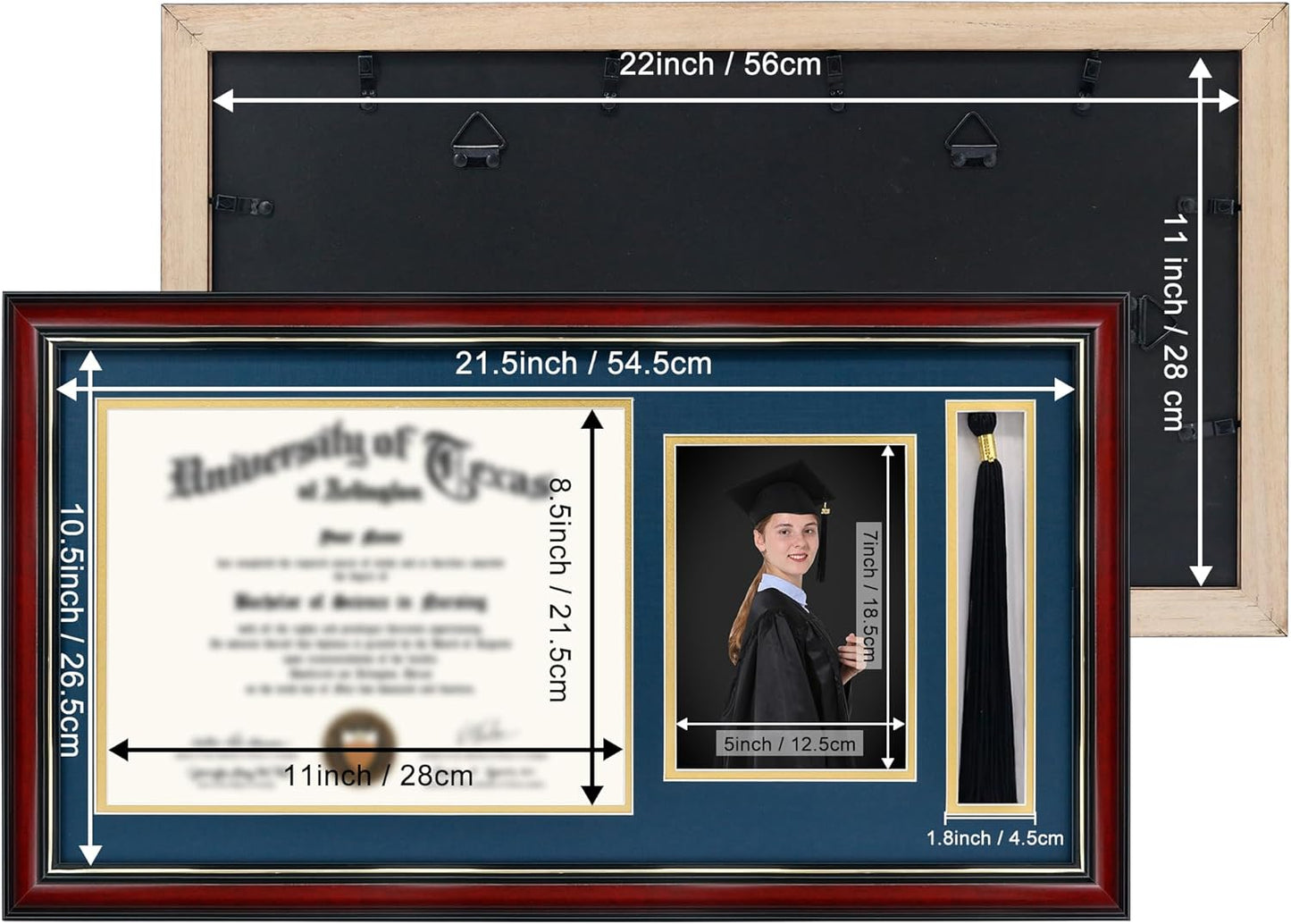 GraduationMall 11x22 Cherry Diploma Frame with Tassel Holder and Picture for 8.5x11 Certificate 5x7 Photo,Tempered Glass,Navy Blue over Gold Mat