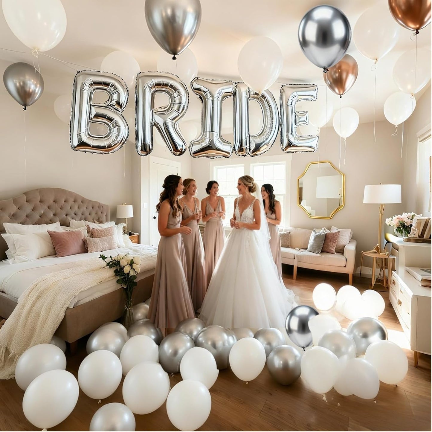 40Inch BRIDE Balloons Silver-Metallic Silver Pearl White Balloons with Large Silver BRIDE Foil Banner Letter Sign for Wedding Bridal Shower Engagement Bachelorette Party Decorations