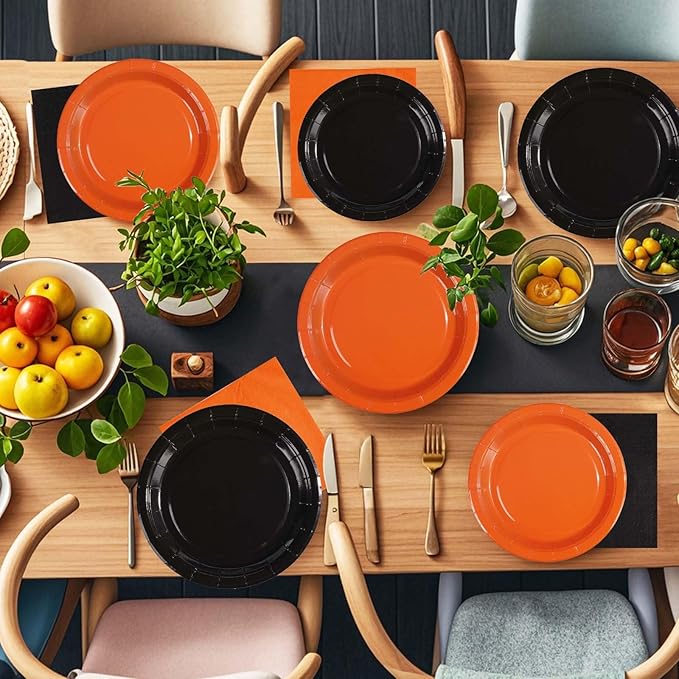 Grencian 200Pcs Orange and Black Party Decorations Orange and Black Plates and Napkins Disposable Paper Tableware for Birthday Wedding Baby Shower Halloween Fall Harvest Party Supplies, Serves 50