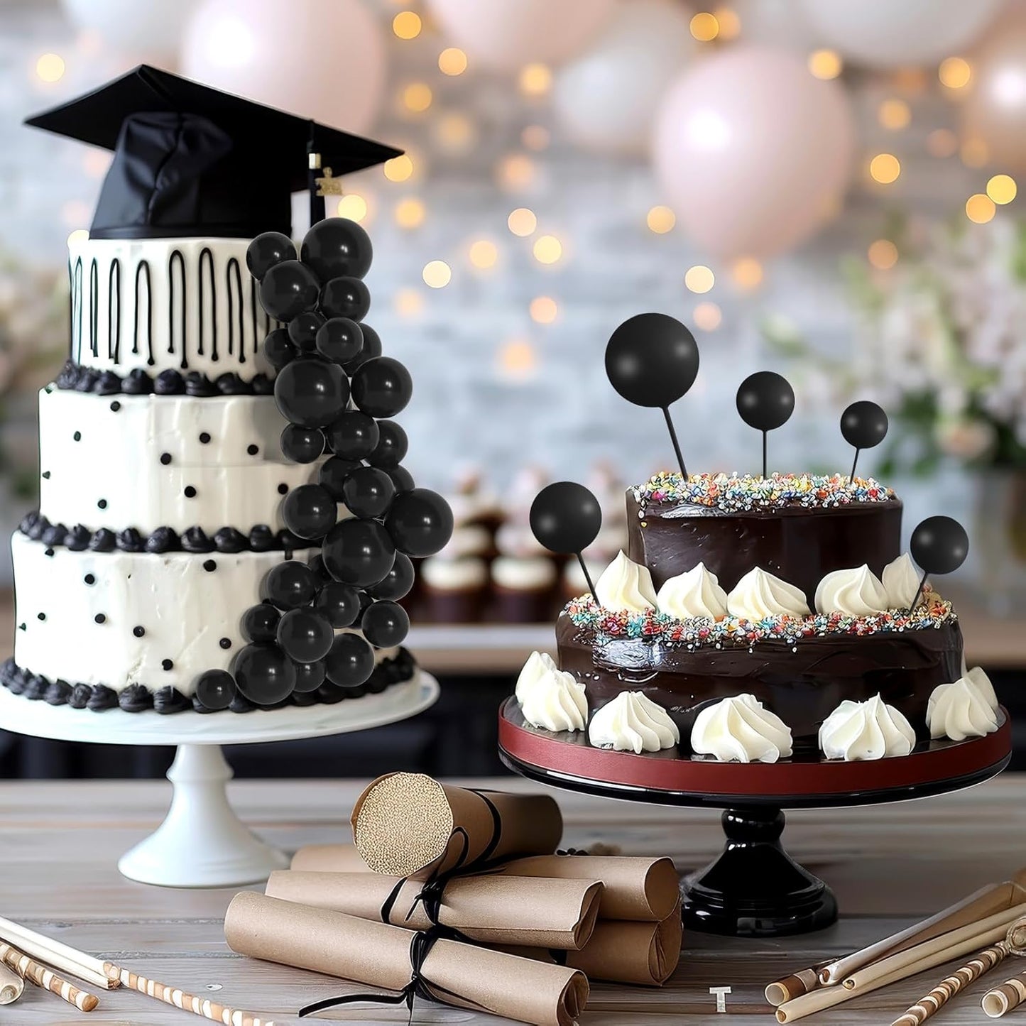 138 Pcs Black Balls Cake Topper Decorations Balloon Cupcake Toppers Foam Cake Topper Balls Decorations for Halloween Birthday Party Wedding Anniversary