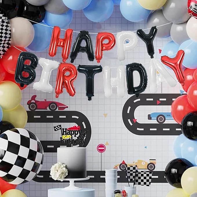 TONIFUL Happy Birthday Balloons Banner with Ribbon Straw,16 Inch Mylar Letters Birthday Sign Banner Balloon Bunting Reusable for Girls Boys Kids & Adults Birthday Halloween Supplies（Red Black White）