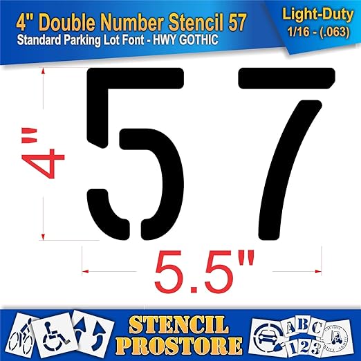 Pavement, Curb, and WheelStop Stencils - 4 inch Double Number Stencil - (57) - 4" x 5.5" x 1/16" (63 mil) - Light-Duty