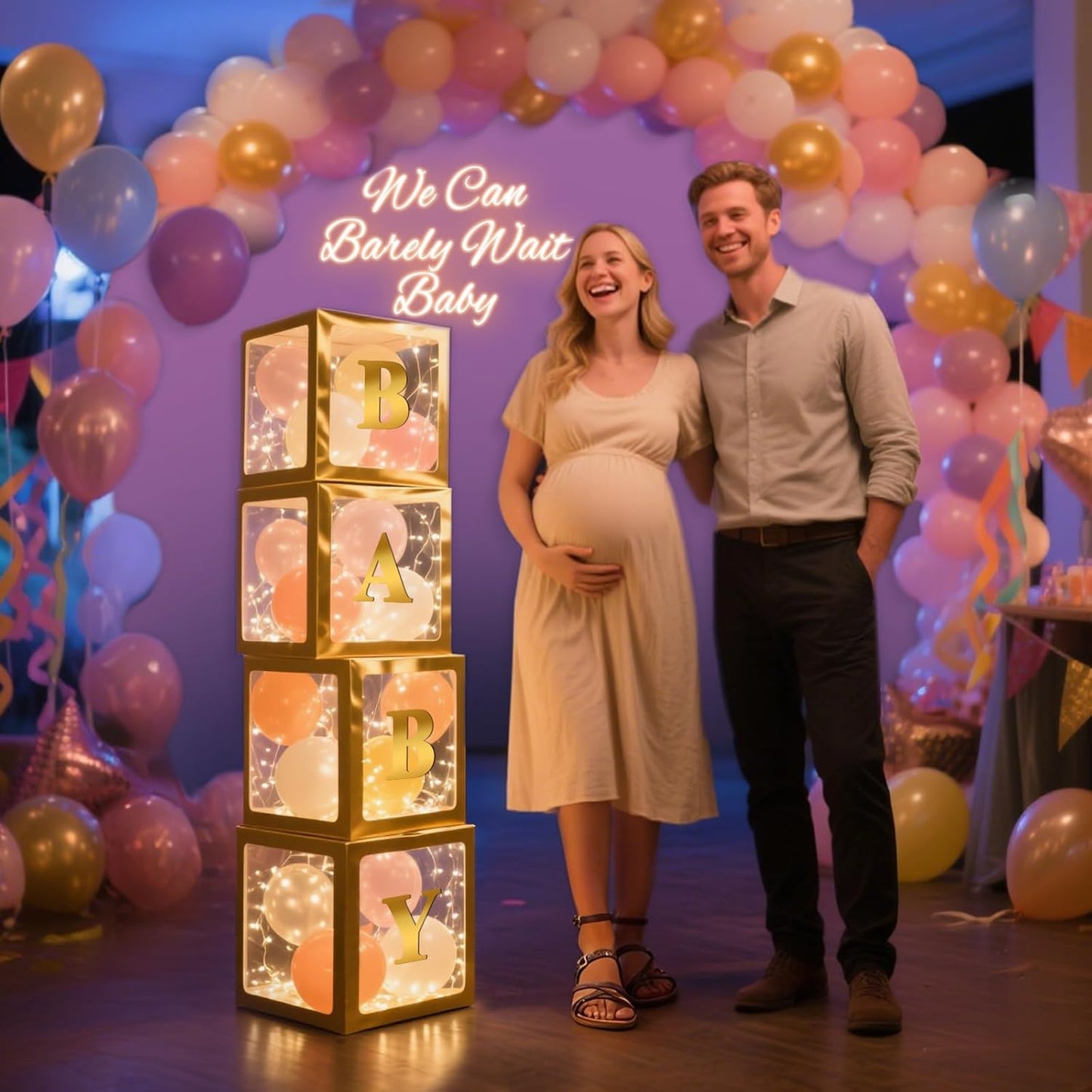 Ledido Transparent Balloon Boxes, Clear Balloon Boxes with 5 Pcs String Lights and 78 Letters for Baby Shower Gender Reveal Birthday Party Anniversary Bridal Wedding Grad Decor - 5 Gold Boxes