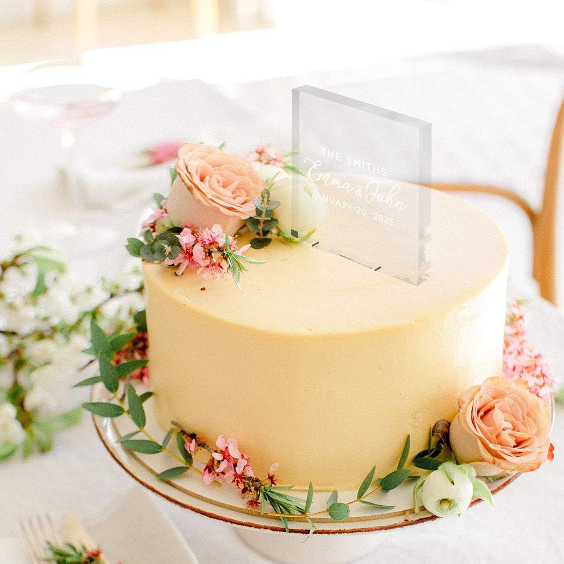 Andaz Press Clean Modern Last Name With Date Custom Wedding Cake Topper, Acrylic Square Personalized Couple Cake Topper