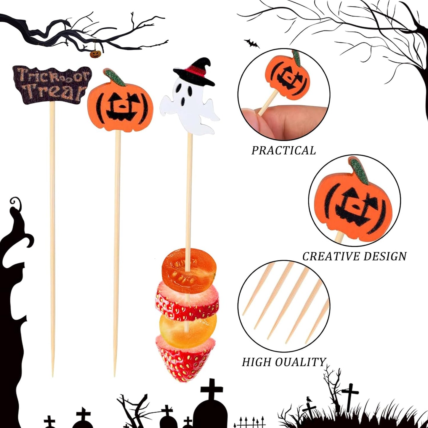 500 Pieces Halloween Cocktail Picks Bamboo Sticks Long Toothpicks for Appetizers for Drinks 4.7 Inch Bamboo Skewers for Appetizers Charcuterie Boards Accessories