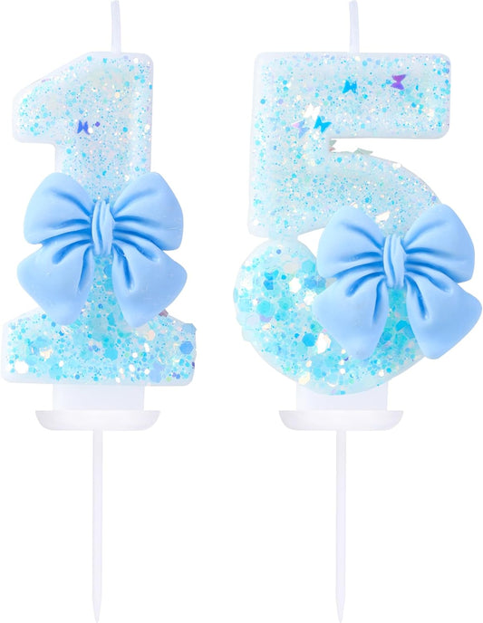15 Birthday Candles Blue Bow Number 15 Cake Candles, 15th Cake Topper Decorations for Kids Pets Pastel Birthday Party Supplies (Number 15)