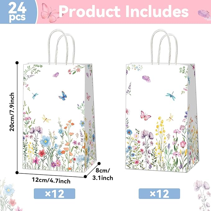 Naozinebi 24Pcs Floral Gift Bags Wildflower Party Favors Wedding Welcome bags Wildflower Candy Treat Bags with Handle Wild Floral Thank You Bags for Wedding Baby Shower Tea Birthday Party Supplies
