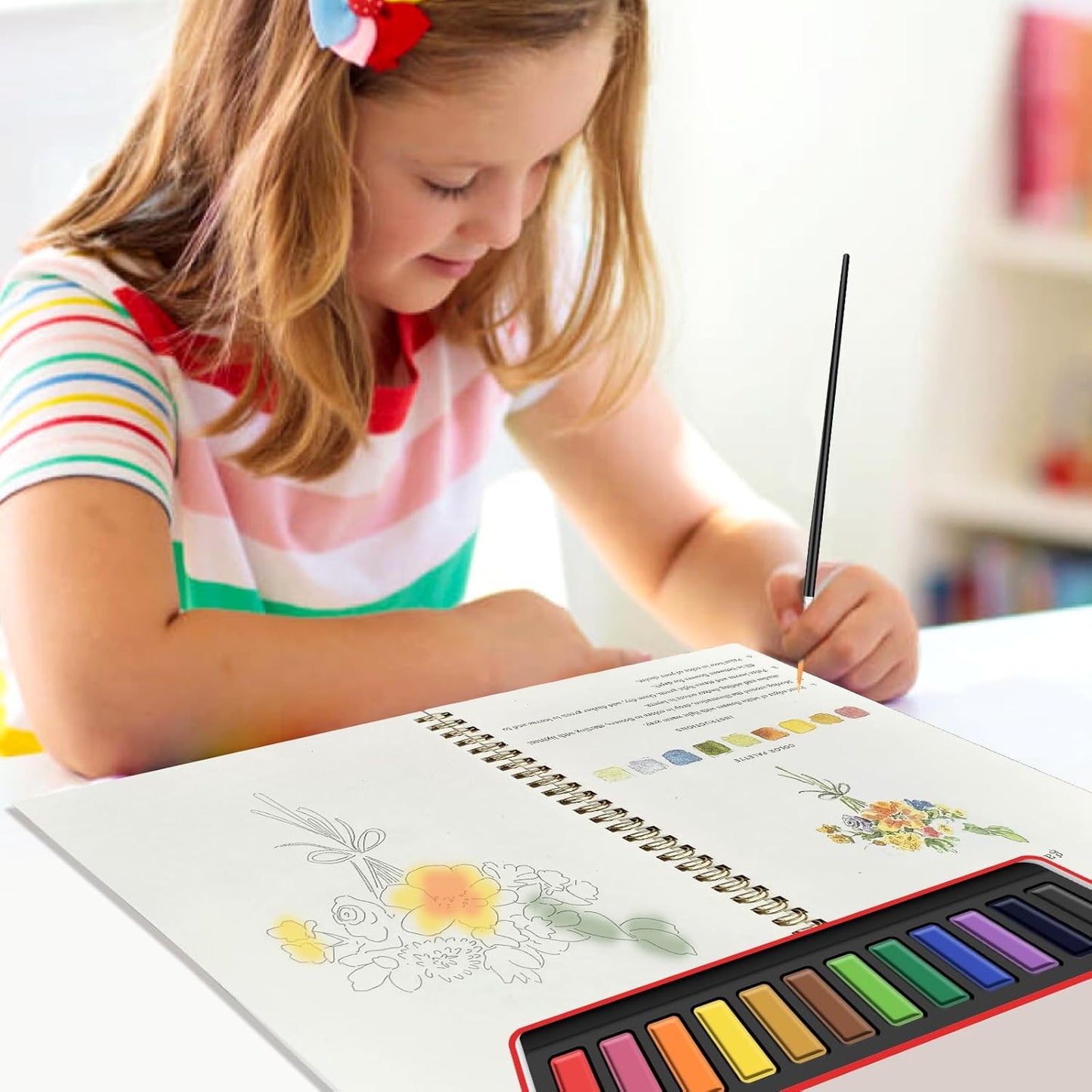 Watercolor Workbook, Water Coloring Book,Watercolor Paint Set, Beginner-Friendly Watercolor Workbooks, with 12 Colors Watercolor Paint Set with Paint Brush - Christmas Gift (Flower A)