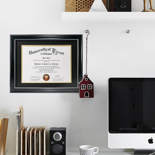 GraduationMall 8.5x11 Diploma Frame with Black over Gold Mat or Display 11x14 Document without Mat, UV Protection Acrylic, Black with Silver Beads, Set of 2