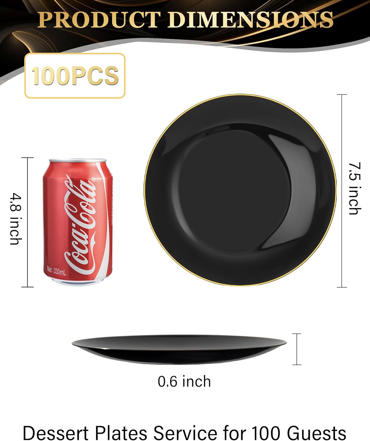Nervure 100 Pieces Black Plastic Plates - 7.5inch Black Dessert Plates - Disposable Gold Plastic Plate - Disposable Plate Ideal for Wedding & Party & Halloween