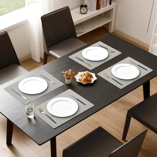 MOSAYT Vinyl Placemats Set of 4, Heat Resistant Place Mats 100% Waterproof Washable & Wipeable Faux Leather Reversible Table Mats for Kitchen Dining Party Indoor Outdoor, 12" x 17", Light Grey