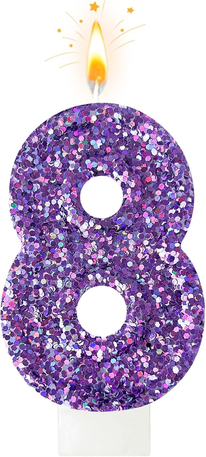 Birthday Number Candles, Glitter Number Candle Cake Decorations with Sequins, Cupcake Decorations for Girls, Women, Party Anniversary Celebrations (Number 8, Purple)