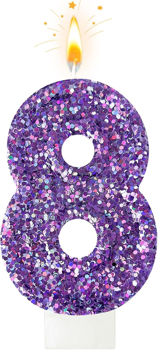Birthday Number Candles, Glitter Number Candle Cake Decorations with Sequins, Cupcake Decorations for Girls, Women, Party Anniversary Celebrations (Number 8, Purple)