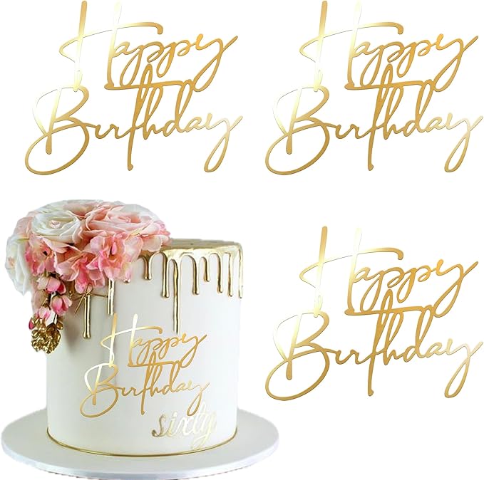 Rsstarxi 3 Pack Happy Birthday Cake Topper Personalized Acrylic Happy Birthday Sign Cake Pick for Men Women Boys Girls Birthday Party Cake Decorations Supplies Gold