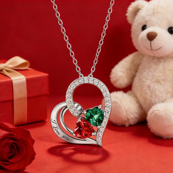 Double Birthstone Heart Necklace 0.8CT Dual-Gemstone S925 Sterling Silver Plated White Gold Engraved I Love You Perfect Anniversary/Valentine's Day Gift for Wife/Girlfriend/Mom/Daughter