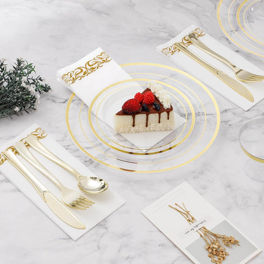 BESTVIP 175PCS Clear Gold Disposable Dinnerware Set for 25 Guests, Plastic Plates for Party, Wedding, Christmas, Halloween, Include: 50Plastic Plates, 25 Gold Silverware, 25 Cups, 25 Napkins