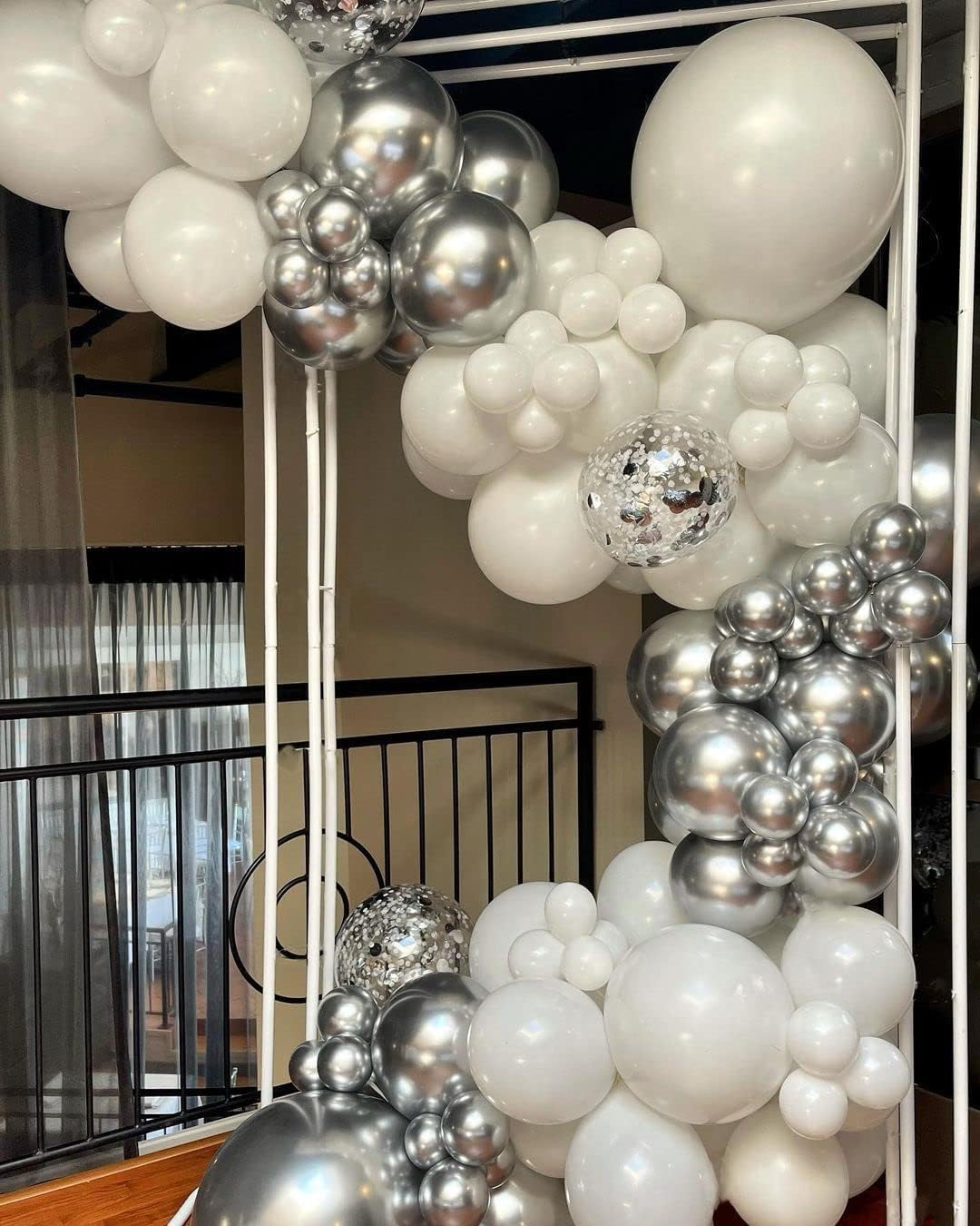 White and Silver Balloon Arch Kit, 140Pcs White Metallic Silver and Silver Confetti Party Balloon Garland Kit for Birthday, Wedding, Engagements, Baby Shower, Anniversary Party Decorations
