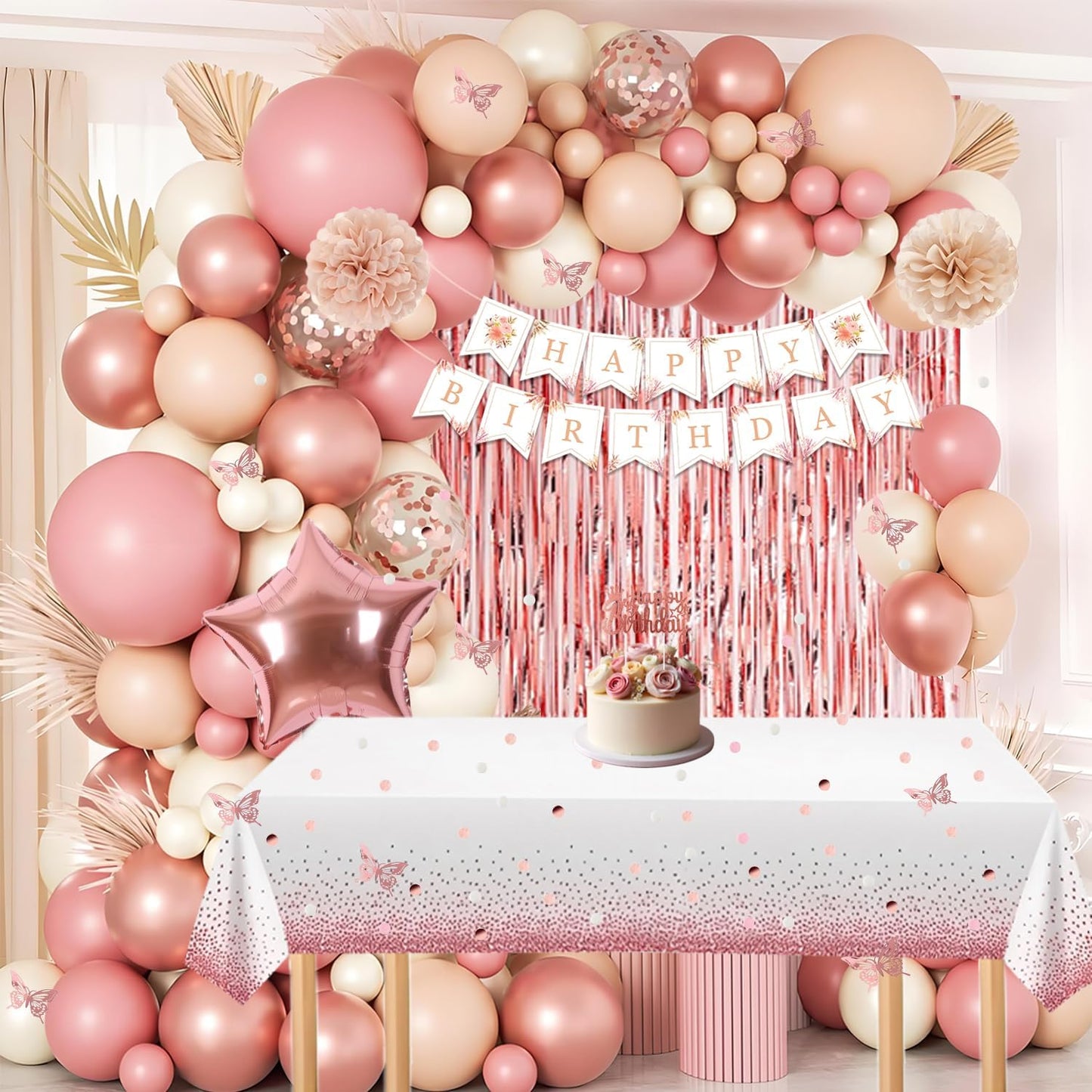 Birthday Decorations for Women Girls, Retro Blush Pink Birthday Party Decorations, Happy Birthday Banner, Crown, Sash, Pink Rose Gold White Sand Nude Balloons, Butterfly, Fringe Curtain, Tablecloth