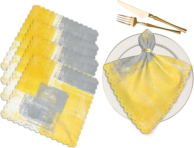 Grey Yellow Graffiti Cloth Table Napkins Set of 4 Modern Simple Art Painting Polyester Washable Decoration Dinner Napkins for Kitchen 18 x 18 inch