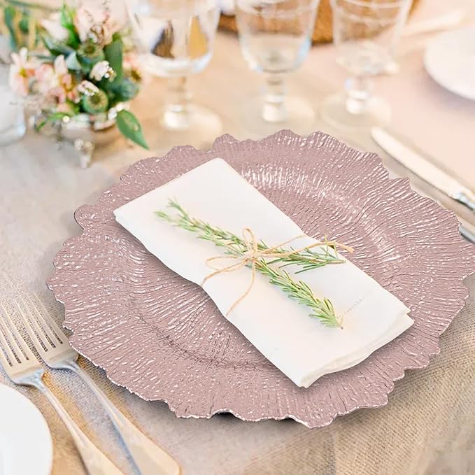 24 Pcs Rose Gold Charger Plates Bulk 13 Inch Plastic Charger Plates for Dinner Plate, Rose Gold Chargers for Table Setting, Reef Design Plate Floral Decorative Round Chargers for Wedding Party, Event