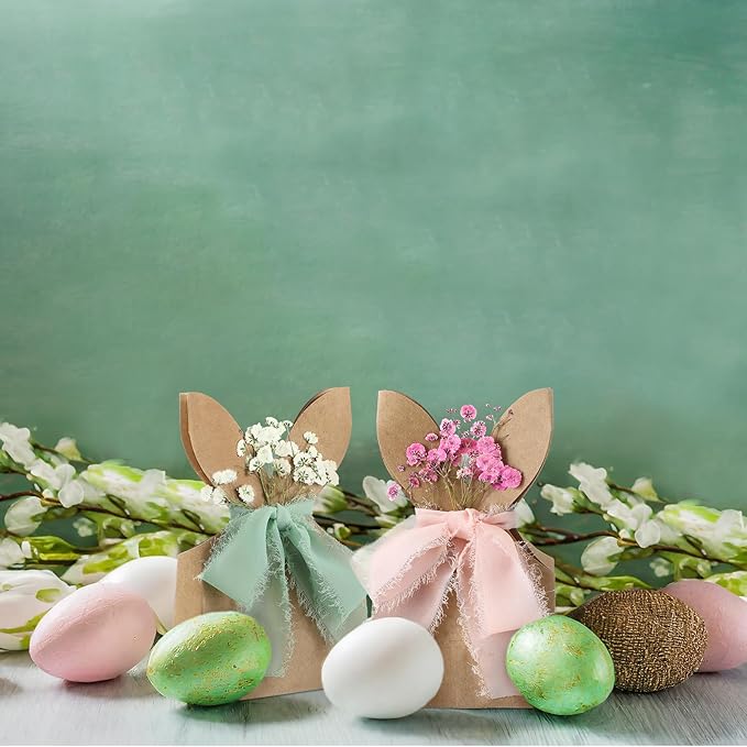 Affrolling 48 Set Boho Bow Easter Bunny Party Favor Bags DIY Bunny Gift Boxes with Neutral Bow Ribbon and Dried Flowers Rustic Paper Rabbit Ears Treat Bags Bulk for Easter Spring (Neutral Pastel)