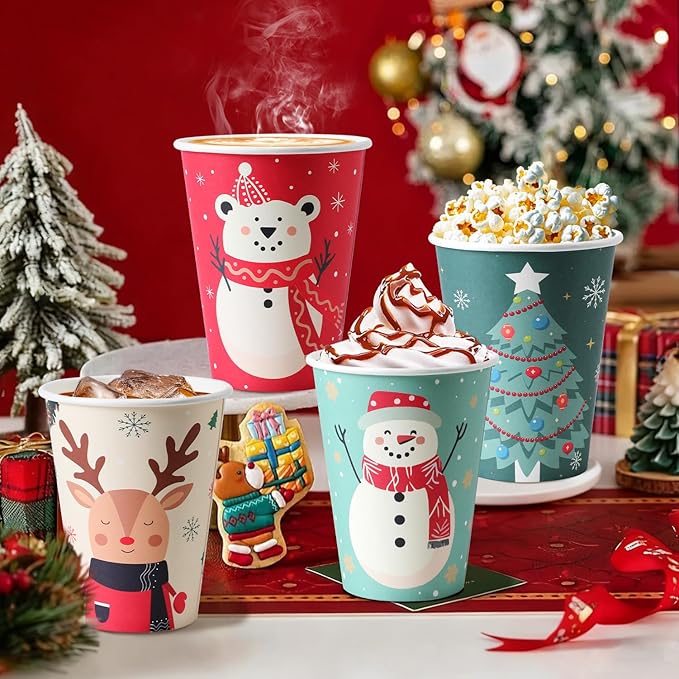 100 Pack 12 oz Christmas Coffee Cups, Holiday Disposable Paper Cups with 4 Xmas Designs for Hot Cocoa, Hot Chocolate, Cold Beverage