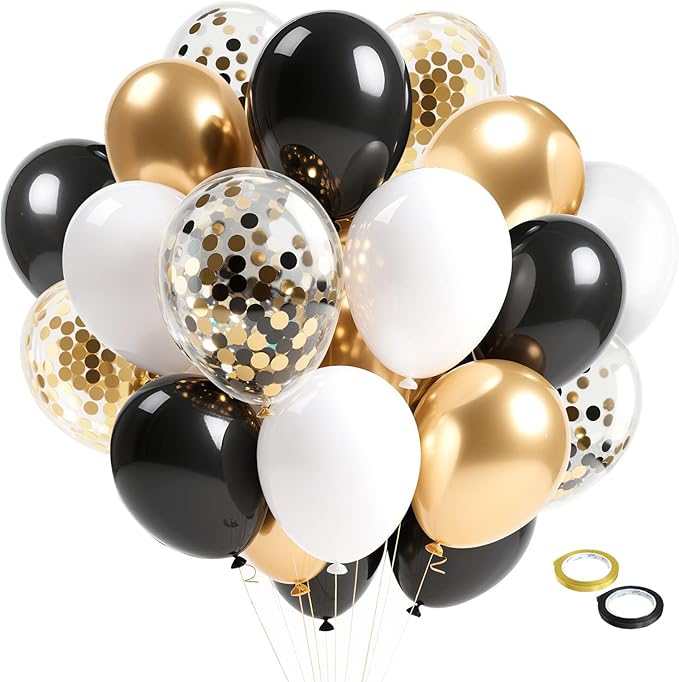 Black Gold Confetti Balloons, 12 Inch Black and Gold Balloons with Ribbons Party Decorations for Graduation Birthday Wedding Prom Engagement New Years Bridal Shower Bachelorette Cocktail Party