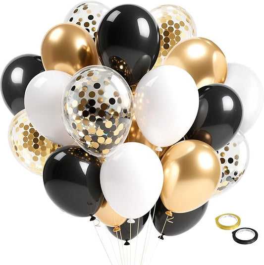 Black Gold Confetti Balloons, 12 Inch Black and Gold Balloons with Ribbons Party Decorations for Graduation Birthday Wedding Prom Engagement New Years Bridal Shower Bachelorette Cocktail Party