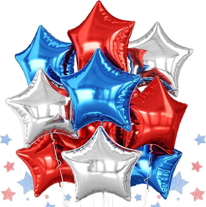 Red Blue Silver Star Foil Balloons, 10PCS Foil Stars Shape Balloon, 18 Inch Red and Black Stars Balloons for Helium Pentagram Balloon for Kids Boys Birthday, Anniversary, 4th of July Party Decoration
