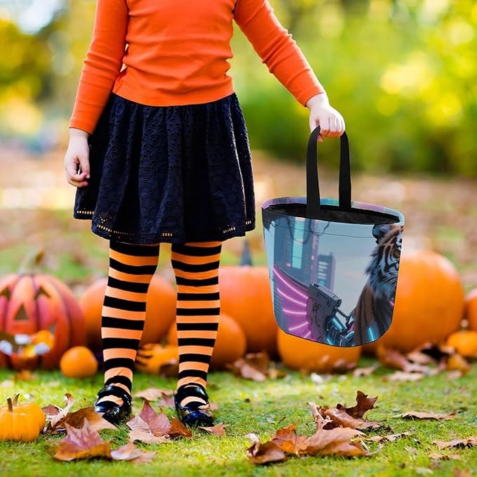 Halloween Candy Bucket - Cyber Hippie Tiger Trick Or Treat Candy Bag, Gift Bag for Party Favor Supplies