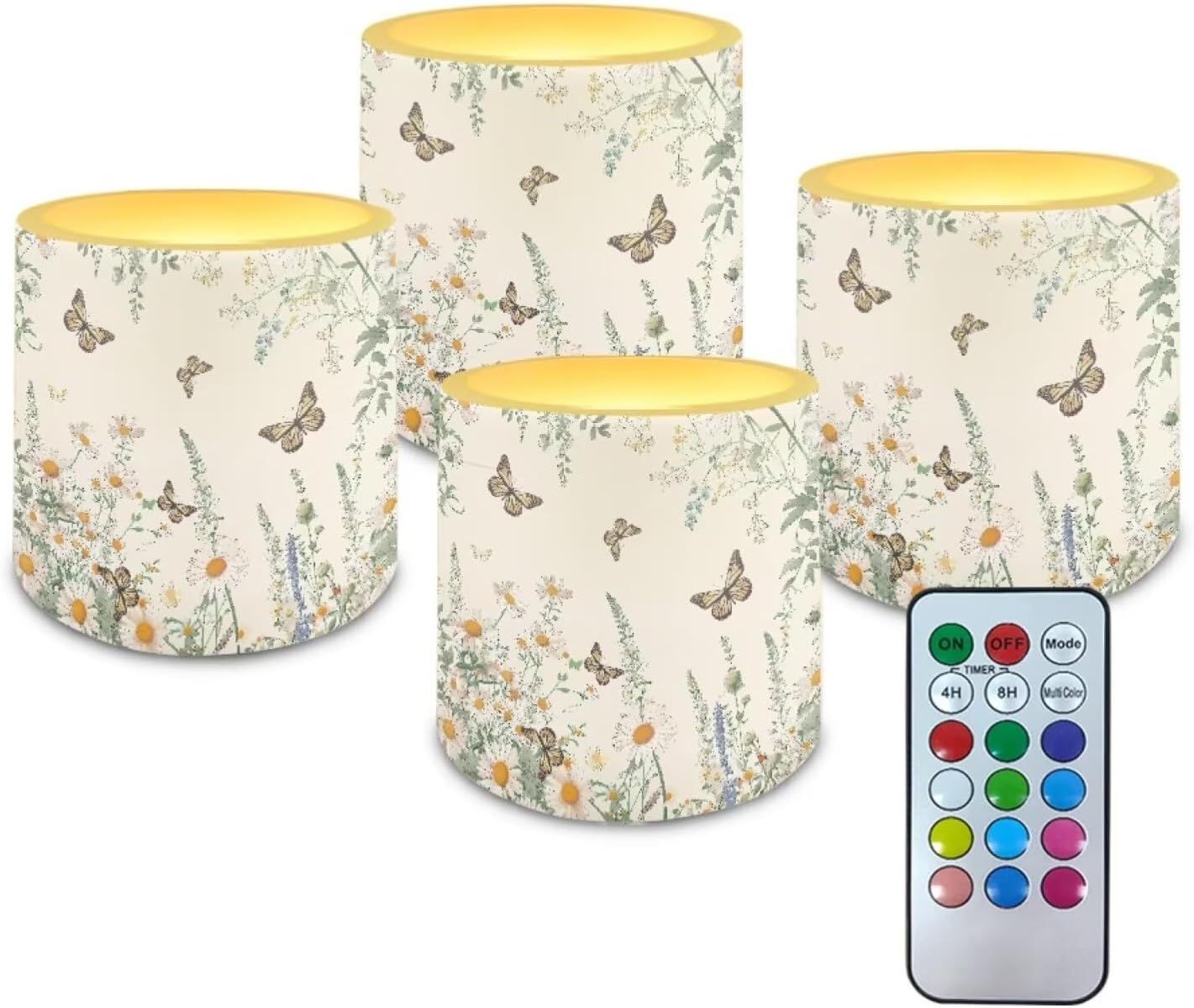 Poceacles Remote Control LED Candles Set of 4 Battery Powered Flameless Candles with Multi-Color Lighting Options, Timer Function, for Indoor Outdoor Decor, Butterfly Daisy Floral Cream White