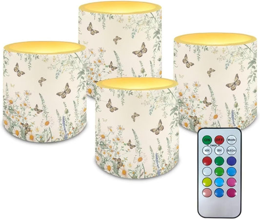 Poceacles Remote Control LED Candles Set of 4 Battery Powered Flameless Candles with Multi-Color Lighting Options, Timer Function, for Indoor Outdoor Decor, Butterfly Daisy Floral Cream White